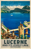 Rare authentic original vintage Lucerne And Its Lovely Lake Switzerland linen backed Swiss travel and tourism poster plakat affiche by artist Walter Laubli circa 1930s.