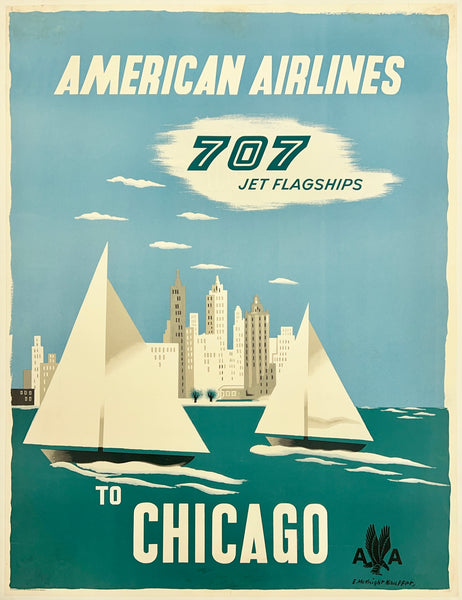 American Airlines poster advertising 707 jet flagships to Chicago with sailboats and city skyline.