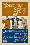 Vintage poster with Uncle Sam and soldiers, promoting a war savings pledge.