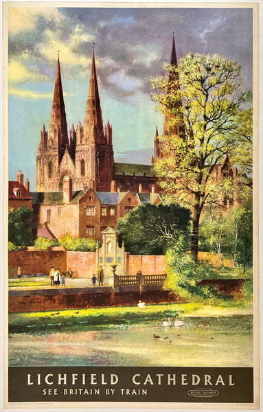 Rare authentic original vintage LICHFIELD CATHEDRAL SEE BRITAIN BY TRAIN linen backed travel and tourism poster plakat affiche by artist John Green circa 1950s.