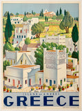 Vintage-style travel poster for Greece featuring Andros Island with white buildings and greenery.