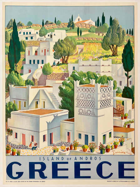 Vintage-style travel poster for Greece featuring Andros Island with white buildings and greenery.