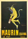 Vintage Maurin Quina advertisement poster featuring a yellow demon-like figure holding a bottle against a dark background, with large yellow text reading 'MAURIN QUINA LE PUY FRANCE'.
