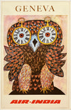 Vintage Air India poster featuring an owl with clock eyes and 'Geneva' text.