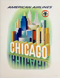 Rare authentic original vintage Chicago American Airlines linen backed airline travel and tourism mid-century modern minimalist poster plakat affiche by artist Bencsath circa 1959.