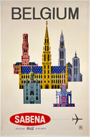 Authentic original vintage Belgium - Sabena linen backed Belgian aviation airline travel and tourism poster affiche plakat circa 1960s.
