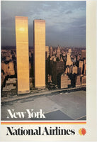Original vintage New York - National Airlines Twin Towers linen backed airline travel and tourism poster circa 1960s.