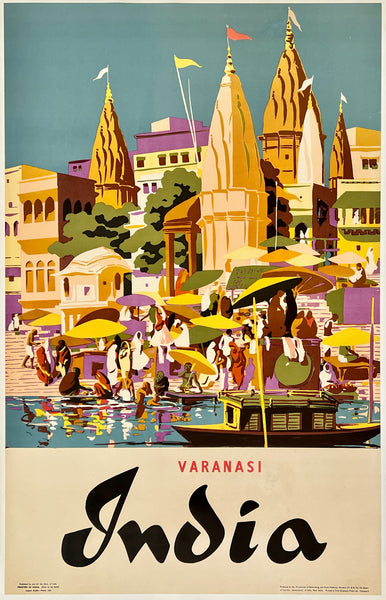 Vintage-style travel poster for Varanasi, India with traditional architecture and people.