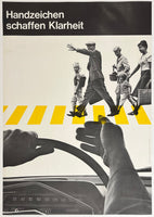 Vintage advertisement with people crossing a road and text about signs creating clarity.