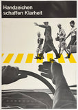 Vintage advertisement with people crossing a road and text about signs creating clarity.