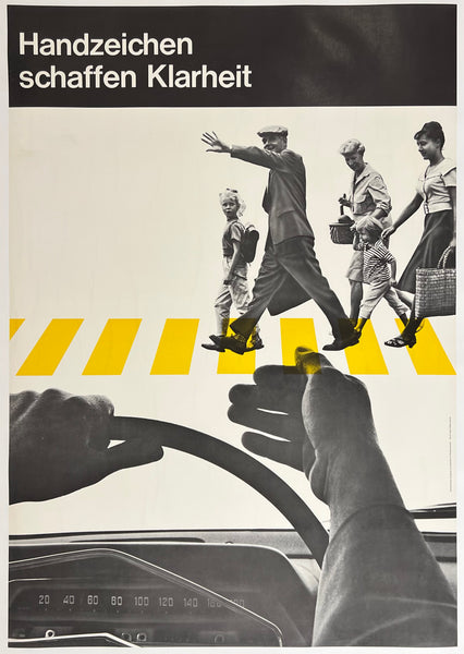 Vintage advertisement with people crossing a road and text about signs creating clarity.