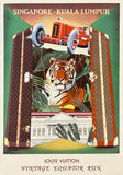 Vintage travel poster for Louis Vuitton's Vintage Equator Run featuring a tiger and a car on a suitcase.