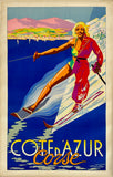 Rare authentic original vintage COTE D'AZUR - CORSE - French Riviera linen backed railroad travel and tourism poster plakat affiche circa 1950s.