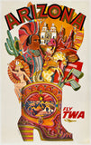 Vintage-style Arizona travel poster with the word ARIZONA at the top, a large cowboy boot filled with illustrated desert and cultural motifs, and FLY TWA text near the lower right.