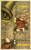 Vintage-style travel poster for Rome featuring a stylized figure climbing a rope against a textured yellow and brown background, with the words 'ROME' at the top and 'AIR-INDIA' at the bottom.