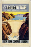 Vintage-style travel poster for Boulder Dam with mountains and dam in the background.
