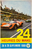 Original vintage 24 Hueres Du Mans Le Mans 1968 linen backed automobile car racing event promotional poster featuring a photo of a Ferrari by Andre Delourmel, circa 1968.