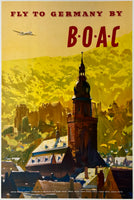 Rare authentic original vintage FLY TO GERMANY BY BOAC British Overseas Airways Corporation linen backed German travel and tourism poster plakat affiche by artist Frank Wootton circa 1950s.