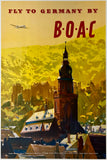 Rare authentic original vintage FLY TO GERMANY BY BOAC British Overseas Airways Corporation linen backed German travel and tourism poster plakat affiche by artist Frank Wootton circa 1950s.