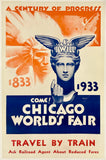 Poster advertising the Chicago World's Fair with a statue and Native American head design.
