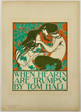 Vintage-style poster with two women embracing, surrounded by leaves and flowers, with text 'When Hearts Are Trumps By Tom Hall'.