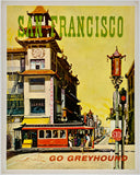 Original vintage San Francisco - Go Greyhound linen backed travel and tourism bus poster featuring a cable car and Chinatown circa 1960s.