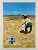 Vintage Santa Fe Railroad advertisement with a person in a field and train in the distance.
