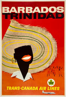 Rare authentic original vintage BARBADOS TRINIDAD - TRANS-ANADA AIR LINES TCA linen backed airline travel and tourism poster plakat affiche circa 1960s.