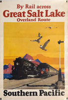 Original vintage By Rail Across The Great Salt Lake Overland Route - Southern Pacific American railway travel and tourism poster plakat affiche by artist Maurice Logan, circa 1929.
