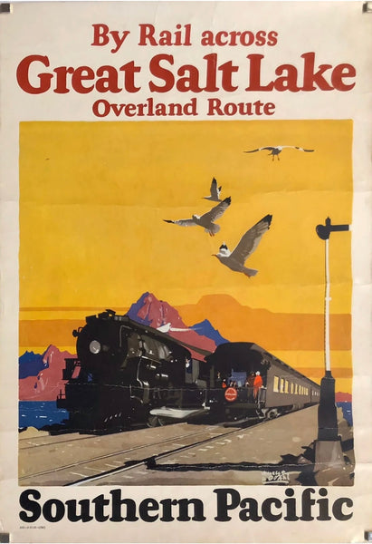 Original vintage By Rail Across The Great Salt Lake Overland Route - Southern Pacific American railway travel and tourism poster plakat affiche by artist Maurice Logan, circa 1929.