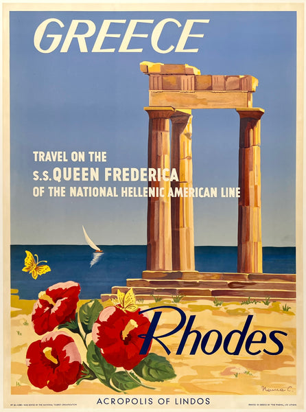 Rare authentic original vintage GREECE - RHODES - ACROPOLIS OF LINDOS linen backed Greek travel and tourism poster plakat affiche circa 1954.