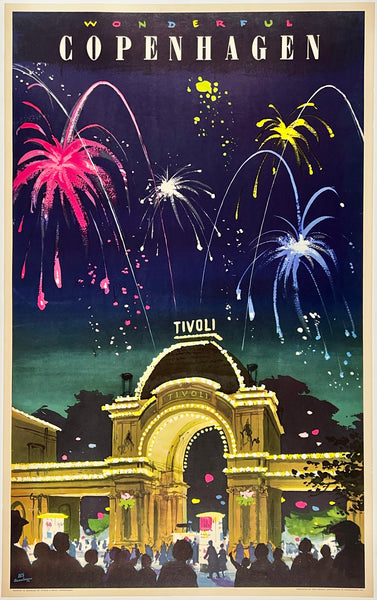 Original vintage Wonderful Copenhagen - Tivoli Gardens linen backed Danish travel and Denmark tourism poster plakat affiche by artist Asmussen, circa 1957.