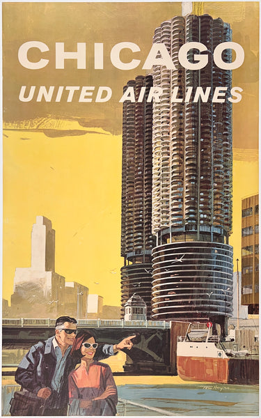 Authentic rare original vintage Chicago - United Air Lines linen backed UAL airline travel and tourism poster featuring Marina City by artist Tom Hoyne circa 1960s.