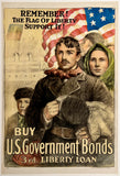 Vintage World War I poster with text 'Remember! The Flag of Liberty Support It!' and images of people holding a flag.