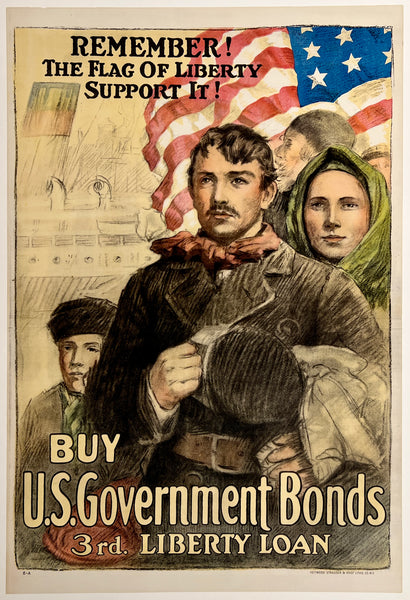 Vintage World War I poster with text 'Remember! The Flag of Liberty Support It!' and images of people holding a flag.