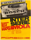 Original vintage PORSCHE - INTERSERIE - IMOLA - 1972 linen backed factory showroom victory automobile racing poster plakat affiche designed by artist Erich Strenger circa 1972.