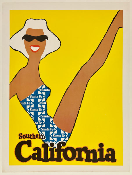 Vintage-style poster with a woman in a swimsuit and hat against a yellow background, featuring 'Southern California' text.