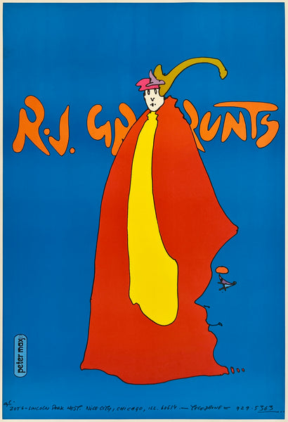 Cartoon character with a red cape and yellow hat on a blue background, featuring the text 'R.J. Garunts'.