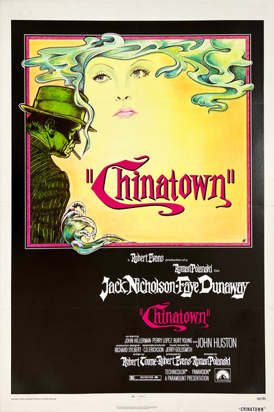 Original vintage CHINATOWN linen backed one sheet movie poster featuring Jack Nicholson and Faye Dunaway and directed by Roman Polanski by artist Jim Pearsall circa 1974.