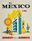 Vintage Braniff International Airways poster advertising travel to Mexico with architectural elements and a sun.