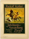 Vintage poster featuring a horse race with text about Rudolf Koller's Jubiläums-Ausstellung in Zürich.