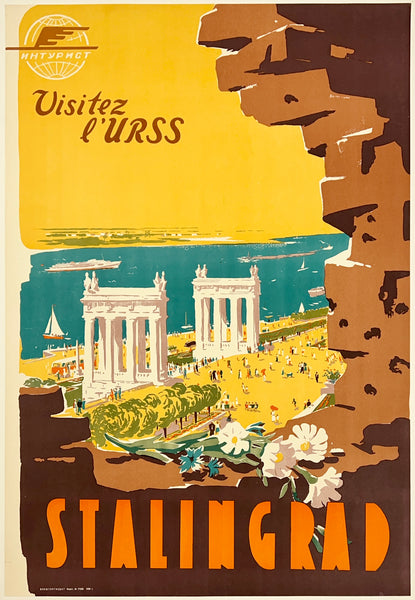 Vintage travel poster for Stalingrad with architectural elements and floral design.