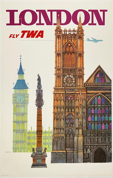 Original vintage London - Fly TWA linen backed aviation travel and tourism poster featuring an illustration of Big Ben and Westminster Abbey by artist David Klein, circa 1960s.