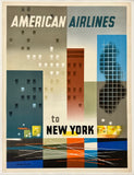 Rare authentic original vintage American Airlines To New York linen backed travel and tourism poster circa 1956.