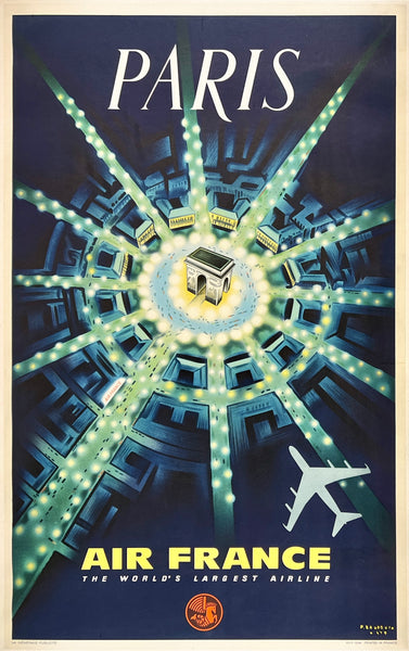 Original vintage Paris - Air France linen backed travel and tourism poster plakat affiche featuring The Arc De Triomphe and Champs Elysees by artist Baudouin, circa 1964.