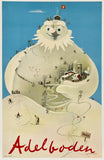 Vintage travel poster for Adelboden, Switzerland, featuring a whimsical illustration of a smiling snowman made of mountains and ski slopes under a light blue sky, with the word 'Adelboden' in red script at the bottom.