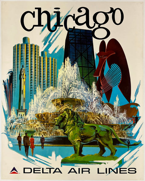 Original vintage Chicago - Delta Air Lines linen backed airline travel and tourism poster plakat affiche circa 1970s.