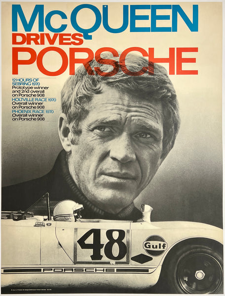 Rare iconic authentic original vintage Steve McQueen Drives Porsche linen backed victory showroom auto racing poster plakat affiche printed circa 1970.