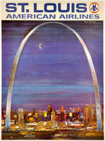 Original vintage ST. LOUIS - AMERICAN AIRLINES (Small Format) linen backed airline travel and tourism mid-century modern poster by artist Fred Conway circa 1970s.