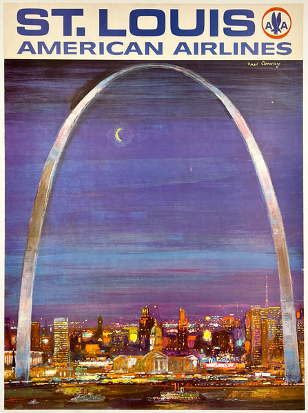 Original vintage ST. LOUIS - AMERICAN AIRLINES (Small Format) linen backed airline travel and tourism mid-century modern poster by artist Fred Conway circa 1970s.